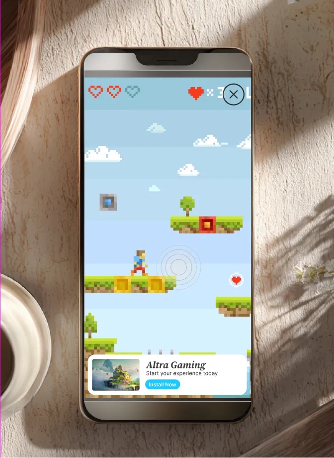 A mobile phone showing an interactive gaming advertisement